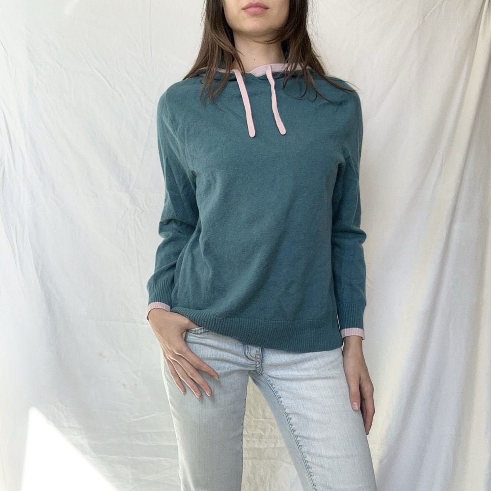 Summersalt Coziest Wool Cashmere Sweater Hoodie Teal Pink Trim Preppy Coastal